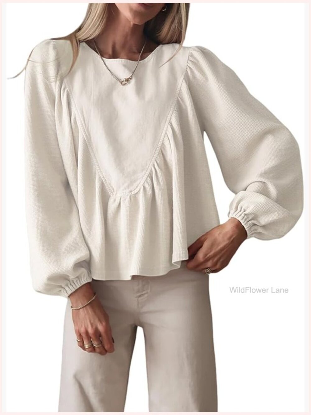 Womens Waffle Knit Peplum Babydoll Blouse Lantern Sleeve